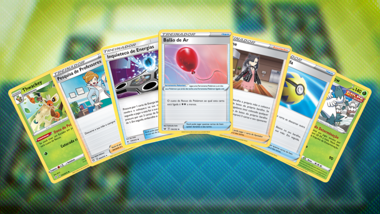 Pokémon TCG Online - Exemplos de cartas: Estádio, Item e Apoiador.