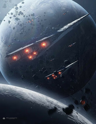 Star Destroyer ship from Star Wars travelling between planets