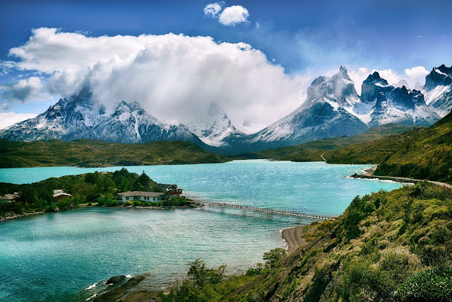 mountains, lake, torres del paine, national park, desktop, wallpaper, screensaver, backgrounds, nature, clouds, snow, island lake, bridge