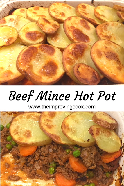 2 images of beef mince hot pot cooked, with a text label between
