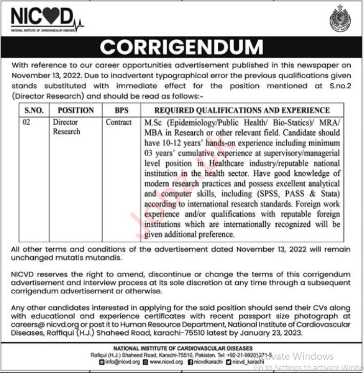 Latest National Institute of Cardiovascular Diseases NICVD Management Posts Karachi 2023