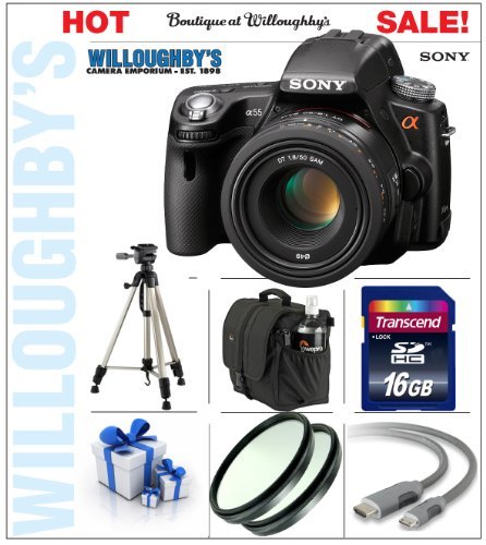 Sony Alpha DSLR-SLT-A55 16.2MP Digital Camera [OutFit] + Sony SAL-50F18 50mm f/1.8 DT AF Lens + 15Pc Starter Pack # 7