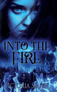 Into the Fire cover; blue, with flames and a city and a woman's face.