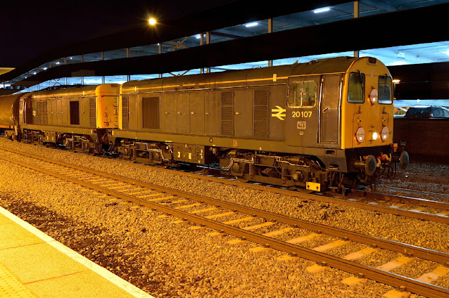 Night Photo of english electric BR Class 20107 diesel locomotive waiting on the freight line at Banbury station 2016