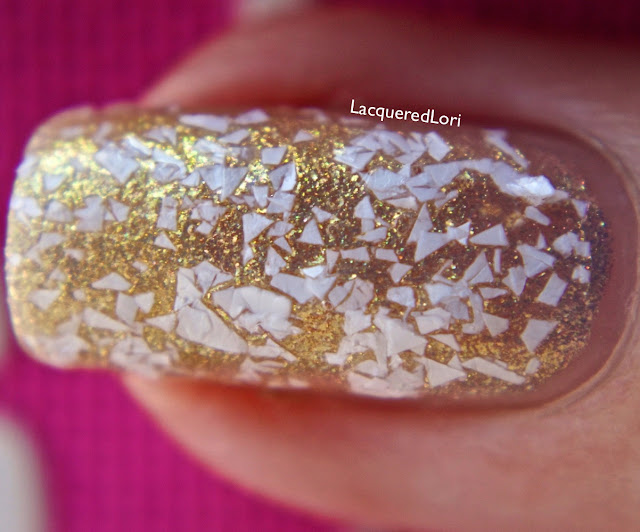 Christmas custom handmade indie nail lacquer. Christmas nails. Gold nails with white shred glitter.