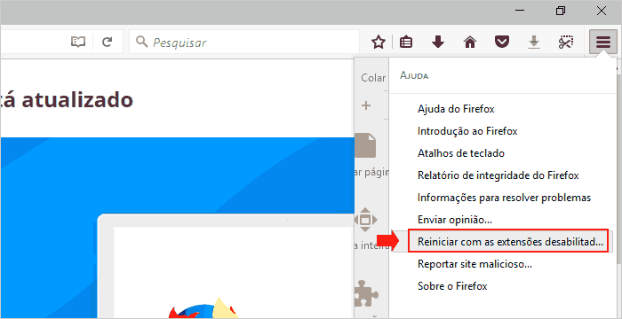 Menu ajuda e selecionando opção Reiniciar com as extensões desabilitadas.