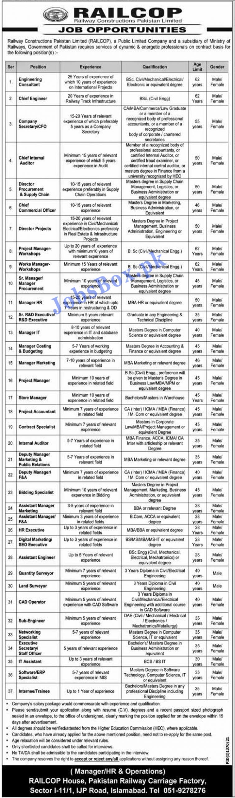 Railway Construction Pakistan Limited RAILCOP Jobs 2021