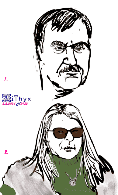 Два рисунка: 1. Усатый мужчина, с проседью в волосах; 2. Ухмыляющаяся блондинка с тёмных очках, женщина с кулоном, в зелёном свитере и сером меховом манто.. Автор рисунка: художник #iThyx