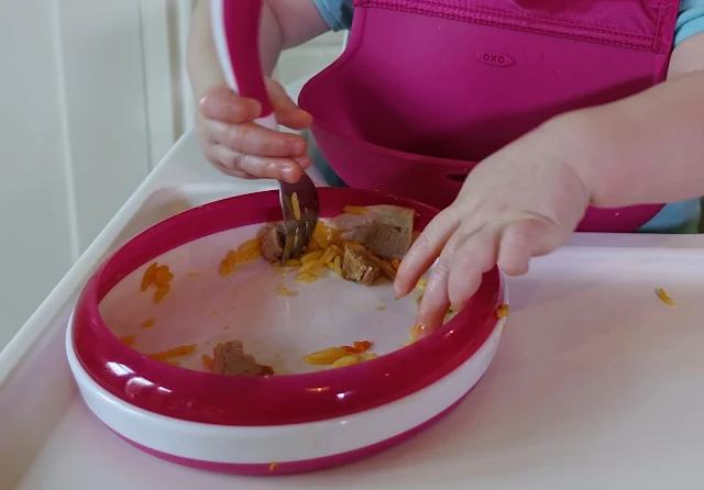 A close up of the oxo tots plate with rice and pork in with a baby using the oxo tots for and wearing a bright pink oxo tots bib