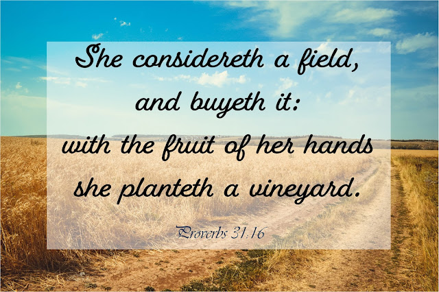 A wheatfield with a blue sky overhead. Text overlay quotes Proverbs 31:16.