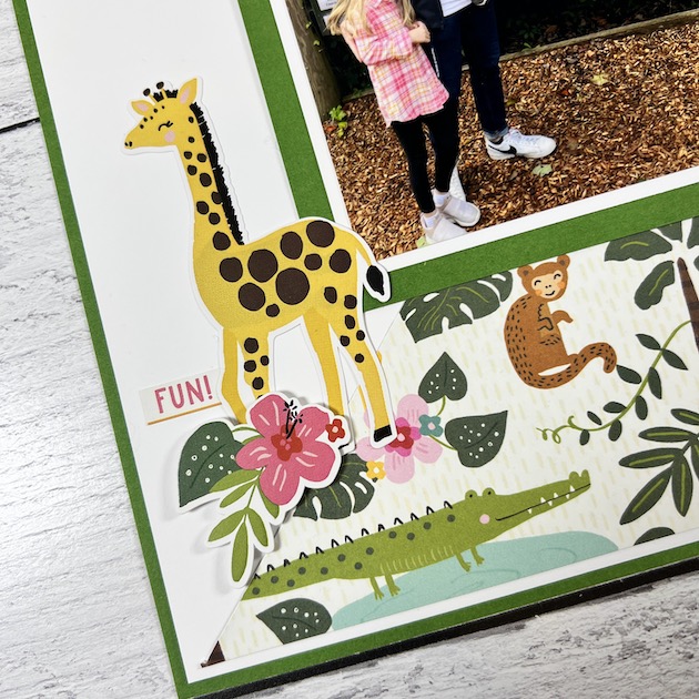 12x12 Zoo & Animal Scrapbook Page Layout with a giraffe, monkey, & alligator