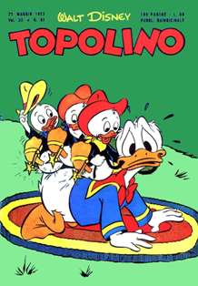 Topolino 67 - 25 Maggio 1953 | ISSN 1120-611X | CBR 215 dpi | Settimanale | Fumetti Classici | Universo Disney
Numero volumi : IN CORSO
Topolino apparve in Italia il 30 marzo 1930, quando sul n.13 del settimanale torinese Illustrazione del Popolo, diretto da Lorenzo Gigli, fu pubblicata la prima striscia disegnata da Ub Iwerks e intitolata Le avventure di Topolino nella giungla. Due anni dopo si ha il primo libro illustrato italiano con le sue immagini: Sua Altezza Reale il Principe Codarello e, poco più tardi, il 31 dicembre 1932, esce il primo numero di Topolino in formato giornale, edito da Nerbini.
Sulla falsariga del celebre Corriere dei Piccoli, anche Topolino si presentava ai lettori con periodicità settimanale e si apriva con una breve storia in cui le didascalie sono scritte in rima e realizzata da Giove Toppi, che divenne quindi il primo autore Disney italiano. Sul settimanale della Nerbini, comunque, trovano spazio soprattutto le strisce e le tavole realizzate da Floyd Gottfredson. In queste storie vengono anche introdotte delle didascalie in rima, scritte dal primo direttore della rivista, Paolo Lorenzini (detto Collodi Nipote in quanto nipote di Carlo Collodi), e viene anche assegnato il nome definitivo alla spalla di Topolino, ovvero quel Pippo un po' lunatico e un po' svampito che sui libri della Salani veniva ancora chiamato Medoro.
Nerbini non si era assicurato correttamente i diritti di pubblicazione: quando aveva varato la sua rivista, infatti, si era rivolto al Consorzio Cinematografico E.I.A., il distributore dei cortometraggi di Topolino, quando in realtà i diritti per le riviste erano stati dati in mano al giornalista Guglielmo Emanuel dallo stesso Disney. Per cui, per un paio di numeri, la testata passò da Topolino a Topo Lino, per poi riprendere la nota testata con il n.7. Il Topolino Giornale era formato da otto pagine e non conteneva solo storie a fumetti Disney ma anche storie non-Disney che anzi erano di solito la maggioranza delle storie presenti in un numero.
Il numero 137 del Topolino Giornale, dell'11 agosto 1935, segna il passaggio di consegne da Nerbini alla Mondadori. Il fascismo, tuttavia, causò dei problemi al giornale. Dal 1938, il Min.Cul.Pop. (Ministero della Cultura Popolare) impone alla stampa di non editare più i protagonisti del fumetto popolare americano. Il solo Topolino è risparmiato, e così il suo logo e il suo personaggio possono continuare ad esistere nelle edicole italiane, ma in piena seconda guerra mondiale, a partire dal n.476 del 27 gennaio 1942, anche il settimanale è costretto a cedere alle restrizioni. Lo sostituisce Tuffolino, un ragazzetto dalle medesime caratteristiche fisiche, disegnato dal grande illustratore Pierlorenzo De Vita. Con la fine del fascismo, le avventure di Topolino poterono di nuovo essere pubblicate.
Alla fine degli anni quaranta, però, i giornali a fumetti che pubblicavano storie a puntate di non più di due tavole ad episodio erano irrimediabilmente in crisi, e così lo stesso Topolino, le cui vendite erano di gran lunga calate rispetto al periodo d'oro. Mondadori, però, non poteva rinunciare alla rivista da edicola per non perdere i ricchi diritti delle pubblicazioni da libreria, così decise un doloroso ma necessario cambio di formato e periodicità. Nel 1949 nasce così il periodico a fumetti Topolino formato libretto, all'inizio con cadenza mensile, quindi quindicinale e, infine, settimanale, fino a giungere a oggi al suo sessantesimo anniversario e con oltre 3000 numeri usciti, ricchi di storie tra le più famose, con autori da Carl Barks a Romano Scarpa, da Floyd Gottfredson a Giovan Battista Carpi e così via.