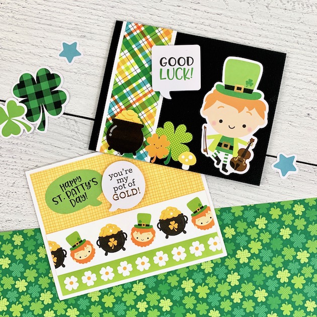 St Patrick's Day Cards with leprechauns, shamrocks, & a pot of gold