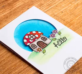 Sunny Sentiments Stamps Backyard Bugs Toadstool House Window card by Marion Vagg.