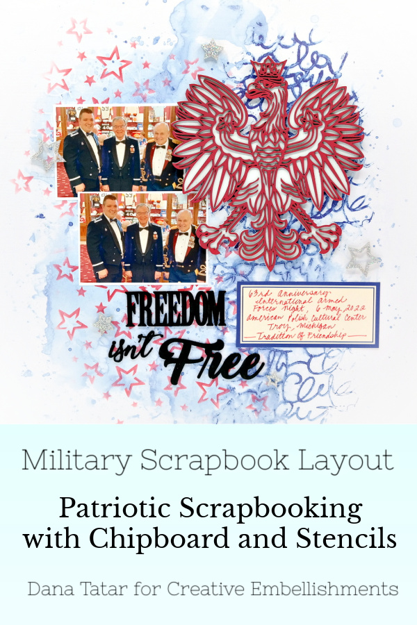 Freedom Isn't Free Military Scrapbook Layout with Stenciled Stars and Polish Falcon Layered Chipboard Embellishment