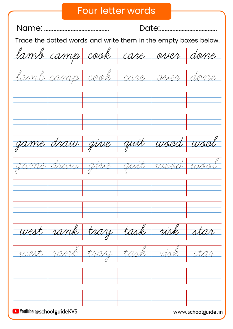 Four Letter Words Cursive Writing Worksheets