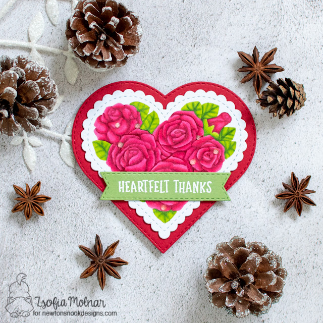 eart Shaped Thank You card by Zsofia Molnar | Heartfelt Roses Stamp set, Heart Frames Die Set and Banner Trio Die Set by Newton's Nook Designs