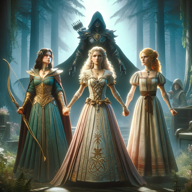 Three princesses standing together, triumphantly facing a dark, shadowy figure in the background