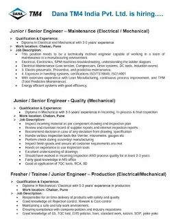 Dana TM4 India Pvt. Ltd Recruitment Supervisor & Junior/ Senior Engineers  For Production, Quality and Maintenance Department