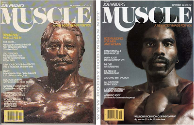 The famous Joe Weider's bronze bust and Robby Robinsonin the Weiders-Bust-Pose  on the covers of  Weiders' Magazine MUSCLE BUILDER POWER,  September & November 1979 ▶ www.robbyrobinson.net/books.php