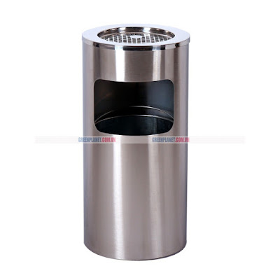 Thùng rác inox tròn có gạt tàn màu trắng