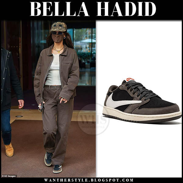 Bella Hadid in brown jacket, brown pants and brown sneakers