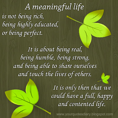 A meaningful life  is not being rich, being highly eduacated, or being perfect.     It is about being real,  being humble, being strong, and being able to share ourselves  and touch the lives of others.  It is only then that we could have a full, happy and contented life.