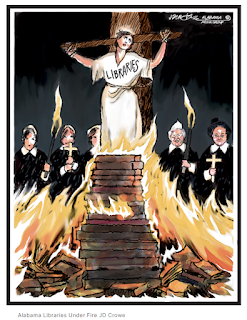 Libraries symbolised as a female witch surrounded by religious zealots who are burning her at the stake.