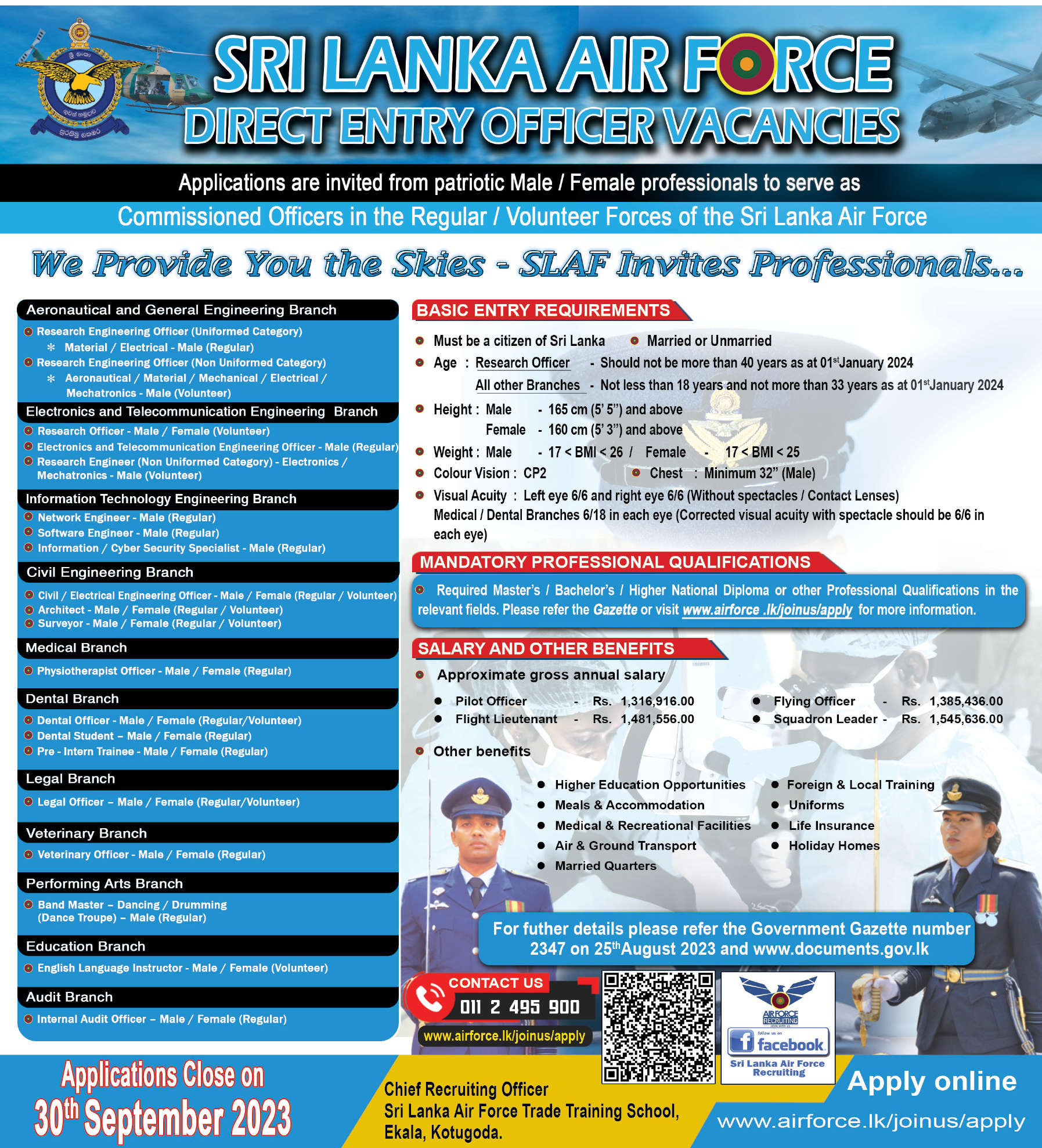 Sri Lanka Air Force Direct Entry Officer Vacancies 2023