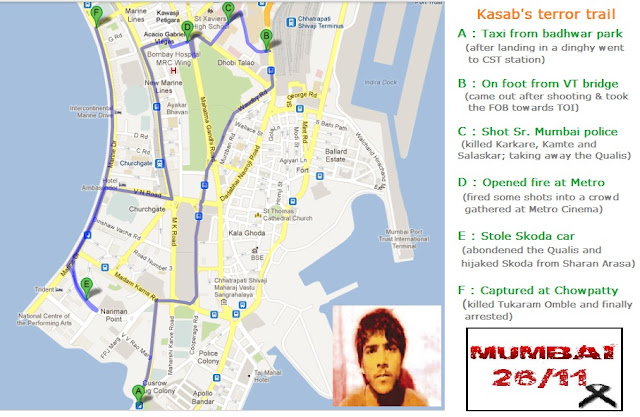 Kasab's terror map Wednesday 26/11/2008