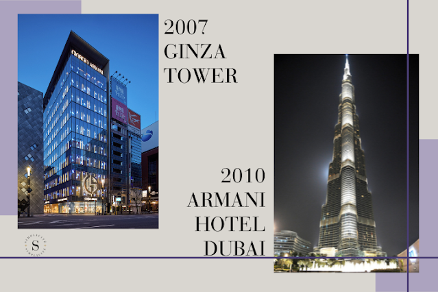 Ilustração com imagens do Armani Hotel em Dubai e loja no Ginza Tower
