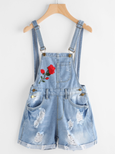  Rose Embroidered Destroyed Denim Dungaree Shorts