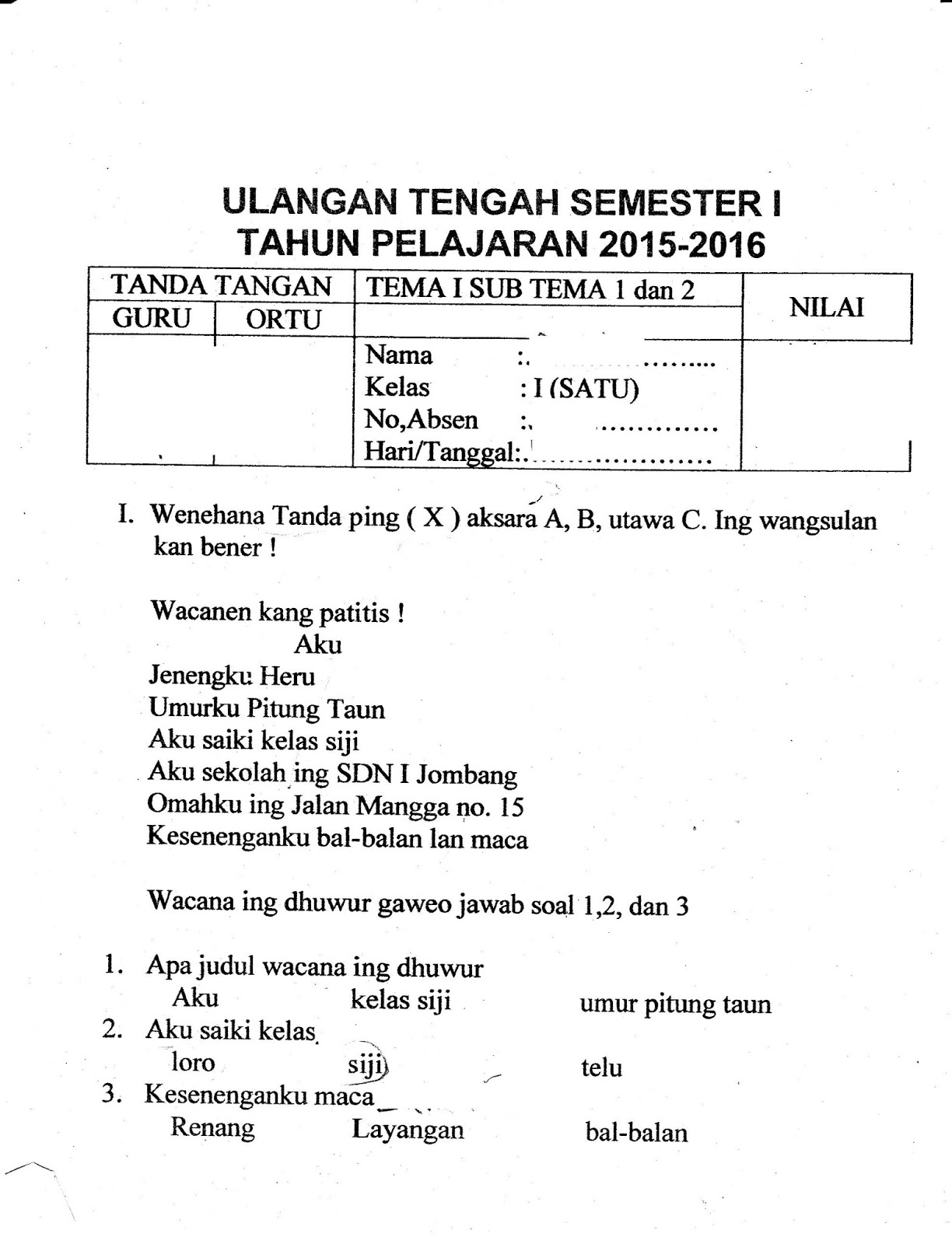 Sub Tema 1 dan 2 SD Kelas 1 Semester Ganjil TA 2015 2016 Kurikulum 2013