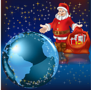 地球を見守るサンタクロース Santa Claus watch over Earth, Snow, Star Christmas background イラスト素材