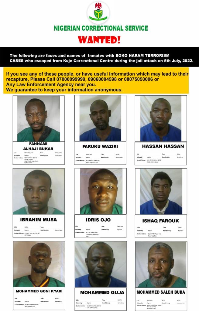 NCoS Declares 69 Terrorist Inmates Wanted After Kuje Jailbreak, Release Photos