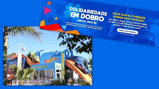 Imagem do parque Beto Carrero e uma faixa azul sobre a campanha de solidariedade com o Rio Grande do Sul.
