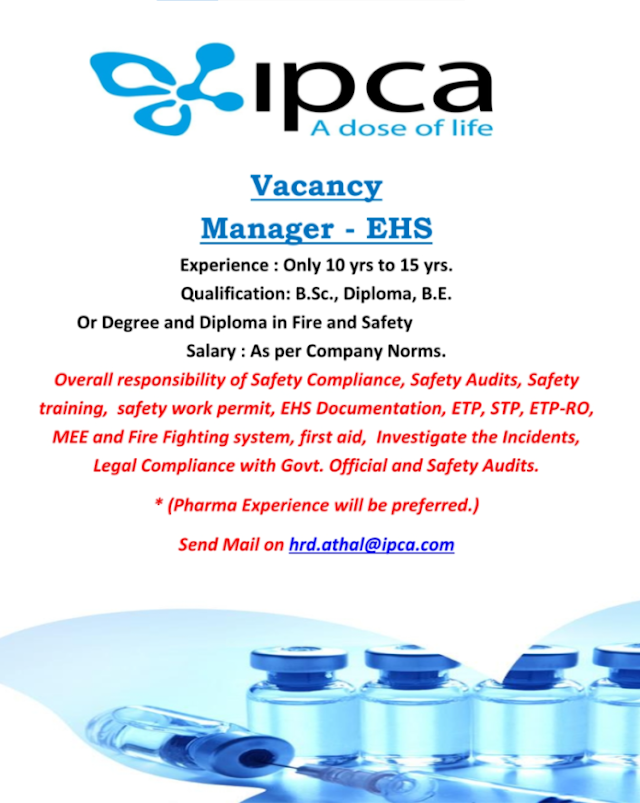 IPCA Labs | Hiring Manager - EHS at Athal Unit | Send CV