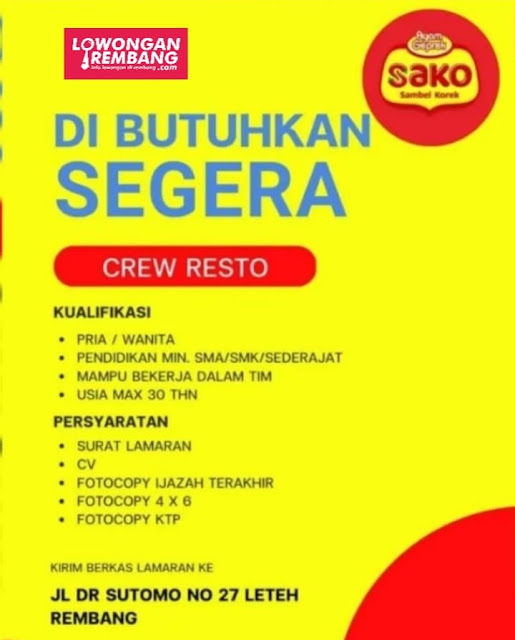 Lowongan Kerja Pegawai Crew Resto Geprek Sako Rembang