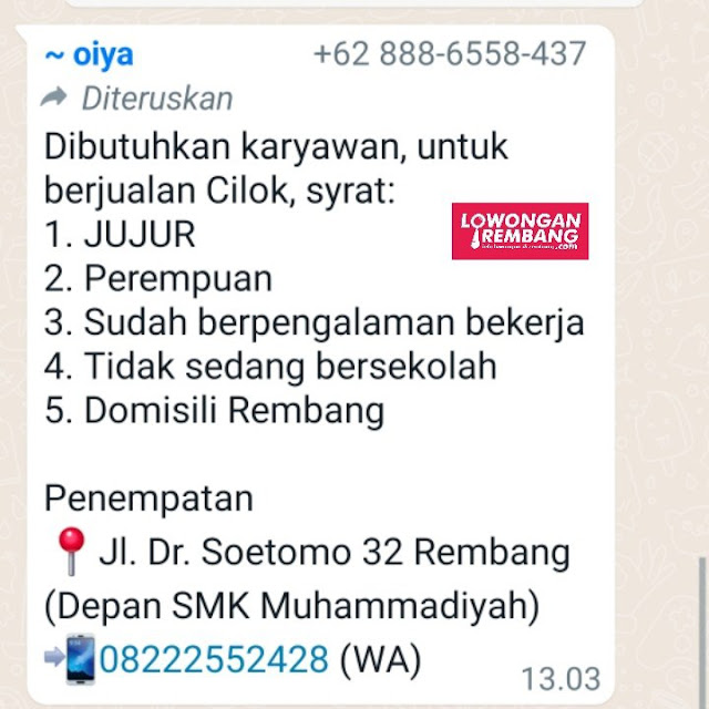 Lowongan Kerja Pegawai Penjual Cilok Oiya Rembang Tanpa Syarat Ijazah