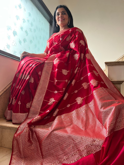 Blood red Banarasi silk saree
