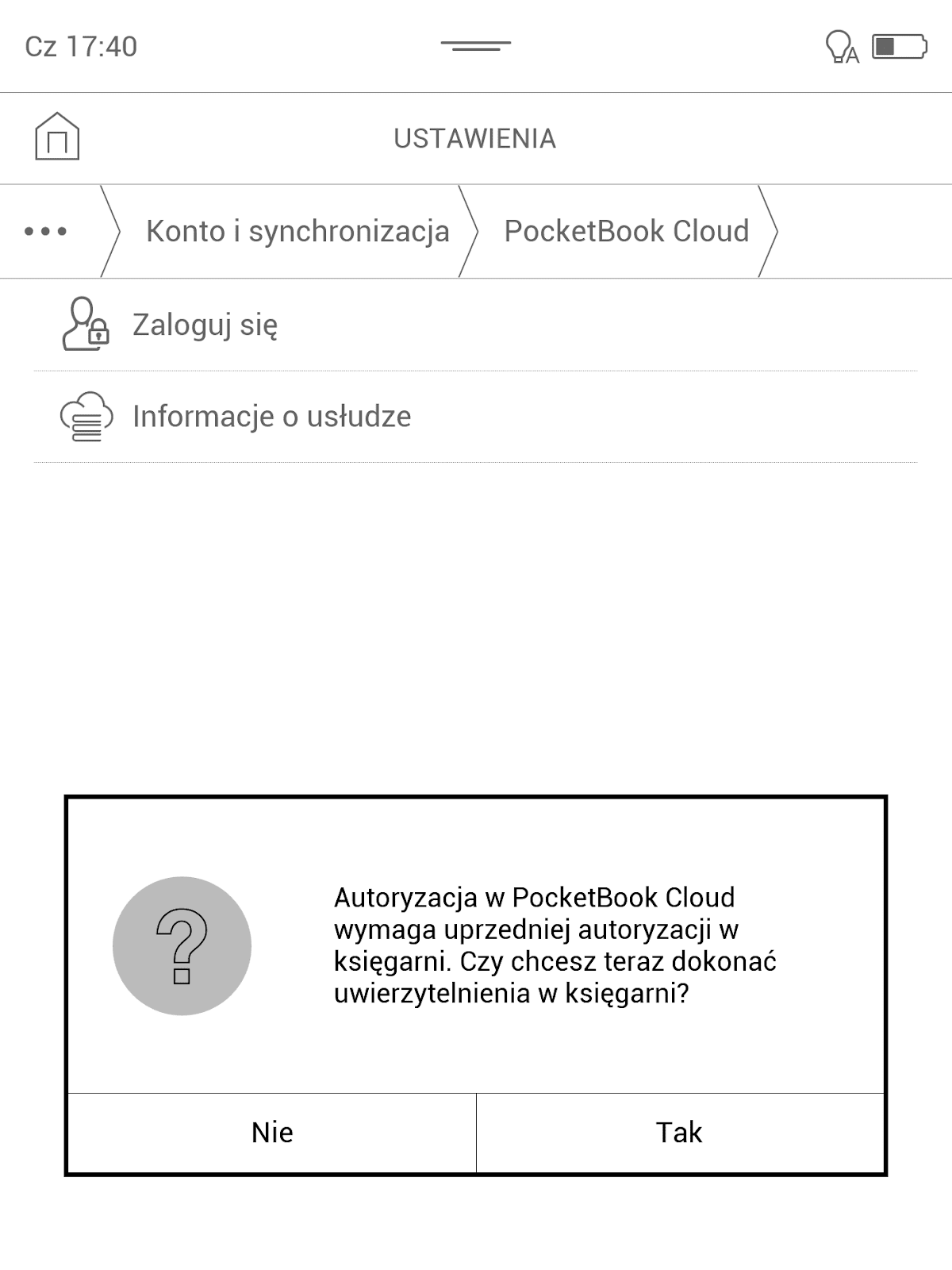 Autoryzacja w usłudze PocketBook Cloud na czytniku PocketBook InkPad X 