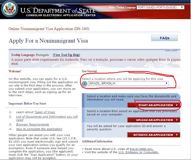 Formulário para solicitação do visto para os EUA