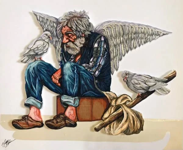 paper quilling art of seated elderly man with angel wings surrounded by fluttering doves