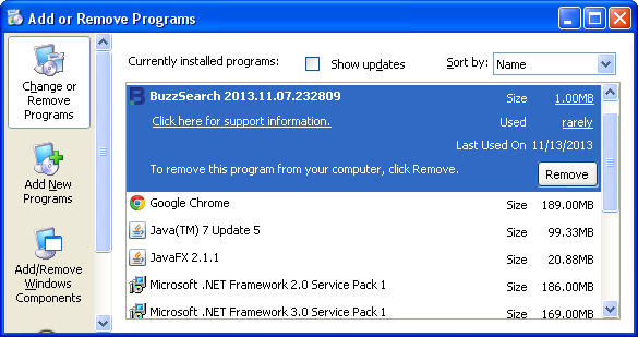 Uninstalling BuzzSearch via Control Panel