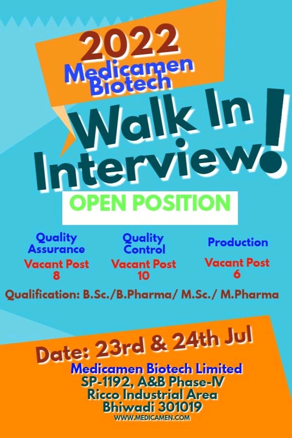 Medicamen Biotech | Walk-in interview for Production/QC/QA on 23rd & 24th July 2022