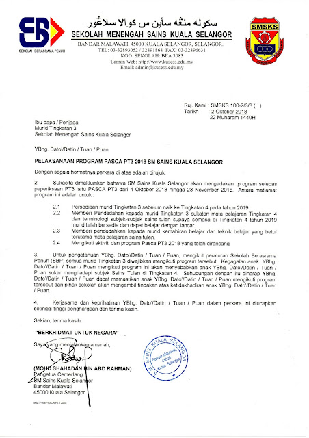Surat Permohonan Ke Sekolah Berasrama Penuh - Selangor k