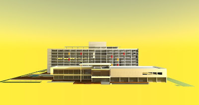 A fotografia em fundo amarelo mostra a maquete de um hotel de luxo moderno, o hotel Furiel Bela Vista. O projeto apresenta dois  prédios retangulares: um de dois pavimentos na parte frontal do terreno, destacado por linhas arquitetônicas horizontais e que  contem a recepção, lounge, café e restaurante e também um centro de eventos. Atrás do prédio frontal há outro, maior, composto  por sete pavimentos onde estão localizados os apartamentos. A entrada do hotel tem portas de vidro e fica na parte central do  prédio frontal que avança formando uma saliência com dois degraus em concreto para o acesso e estão entre decks de madeira,  sendo o deck da direita, mais alto. A fachada do prédio frontal é composto à esquerda por janelões envidraçados e à direita,  por uma parede em concreto sustentada por seis colunas com quatro aberturas superiores retangulares localizadas na  extremidade direita. Acima, o teto é reto. No pavimento superior, sobrepostos em quase toda altura dos janelões há uma  grade horizontalizada vermelha destacando a fachada, a grade, ocupa toda extensão envidraçada. O piso externo é formado  por um deck em madeira que começa estreito na lateral esquerda e aumenta acompanhando a saliência quadrangular do prédio, onde um teto suspenso apoiado por uma coluna protege parte do prédio central e superior esquerdo. Atrás, o outro prédio, é  composto por sete pavimentos e abriga todos os apartamentos. Toldos amarelos e placas coloridas em vermelho e amarelo  intercalam e realçam o segundo, quarto, quinto e sexto andares. No topo, há uma cobertura aérea sustentada por oito colunas  abrangendo parte do terraço. No térreo, localizam-se uma academia de ginástica com piscina térmica, área social e de descanso  e um refeitório para os funcionários. À esquerda dos dois prédios, há uma grande piscina quadrada e ambientes ao ar livre   formados por vegetação e canteiros. Fim da descrição.