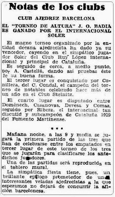 Recorte de Mundo Deportivo sobre el Torneo de Ajedrez de Altura José O. Badía 1929