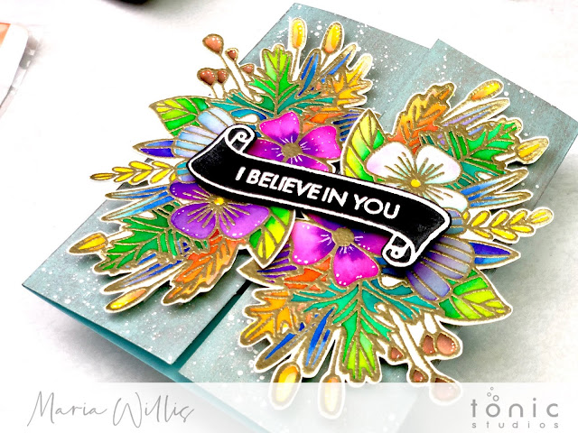Maria Willis, Cardbomb, #tonicstudios, #tonicstudiosusa, #cards, #cardmaking, #handmade, #handmadecards, #create, #creative, #art, #diy, #craft, #tonicstudiosgardenparty, #botanicalburst, #nuvo, #nuvoaquaflowpens, #watercolor, #flowers, #gatefold, 