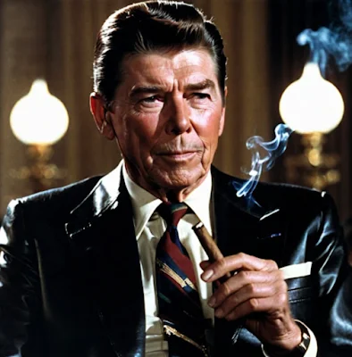 Ronal Reagan wearing black leather blazer with nice tie smoking a stogie